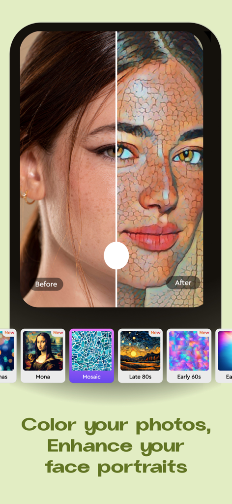 AI photo enhancer app showing before and after artistic mosaic filter on a portrait