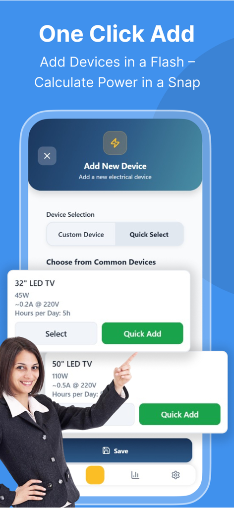 Interface of the KRG Power app showing the quick add feature for common household electrical devices like LED TVs to calculate power consumption.