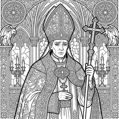 Dive into the darkly beautiful realm of Gothic artistry with this stunning bishop coloring page. Featuring intricate details and a mysterious atmosphere, it offers a challenging and rewarding creative experience for teens.