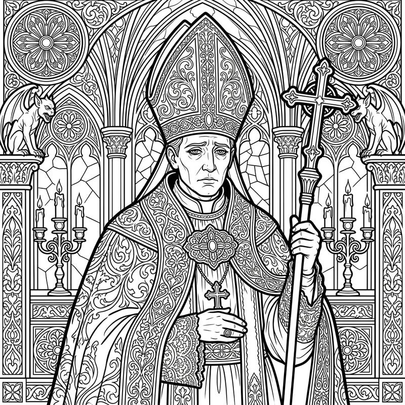 Dive into the darkly beautiful realm of Gothic artistry with this stunning bishop coloring page. Featuring intricate details and a mysterious atmosphere, it offers a challenging and rewarding creative experience for teens.