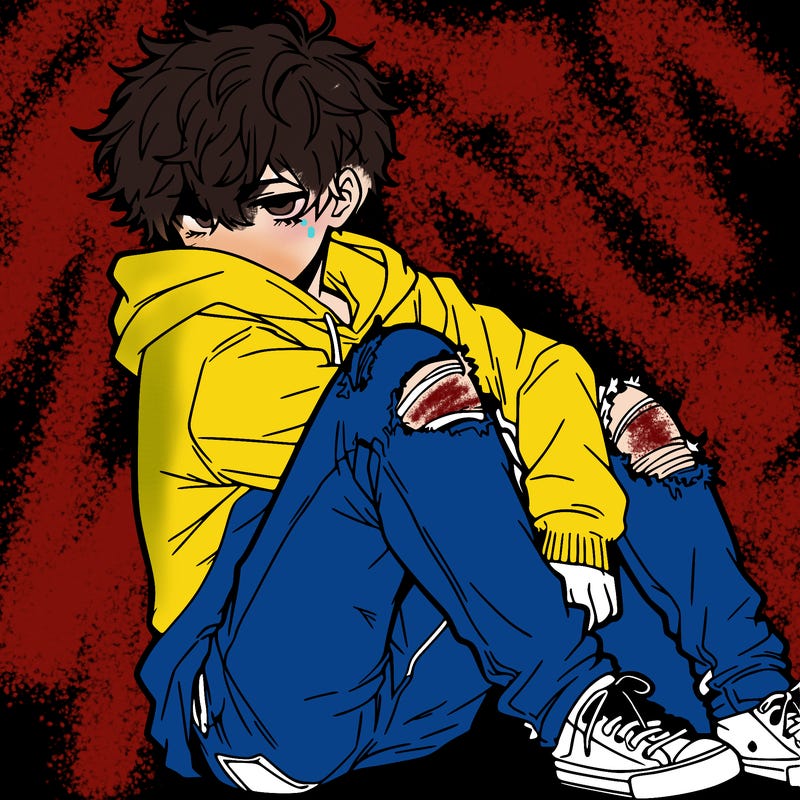 a male hoddie ripped jeans messy hair anime