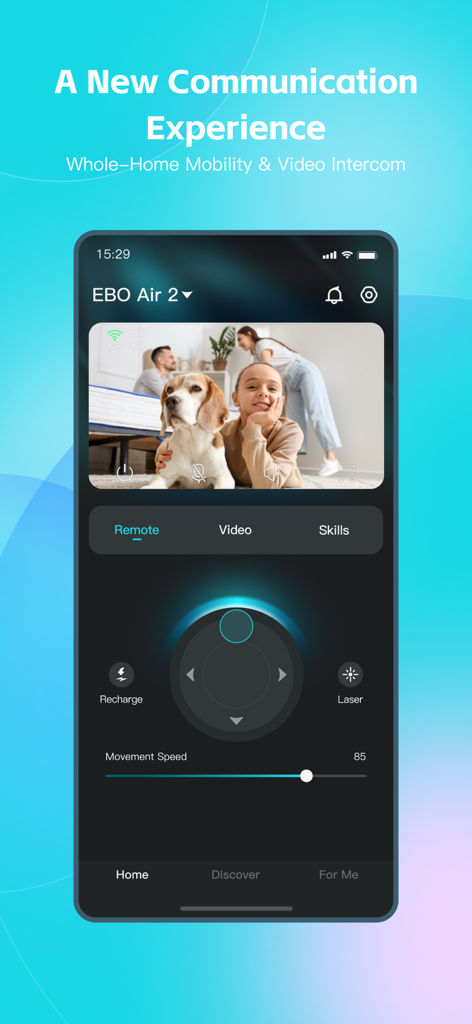 EBO HOME Robot - EBO HOME app interface displaying remote robot controls and a live video feed of a child and dog