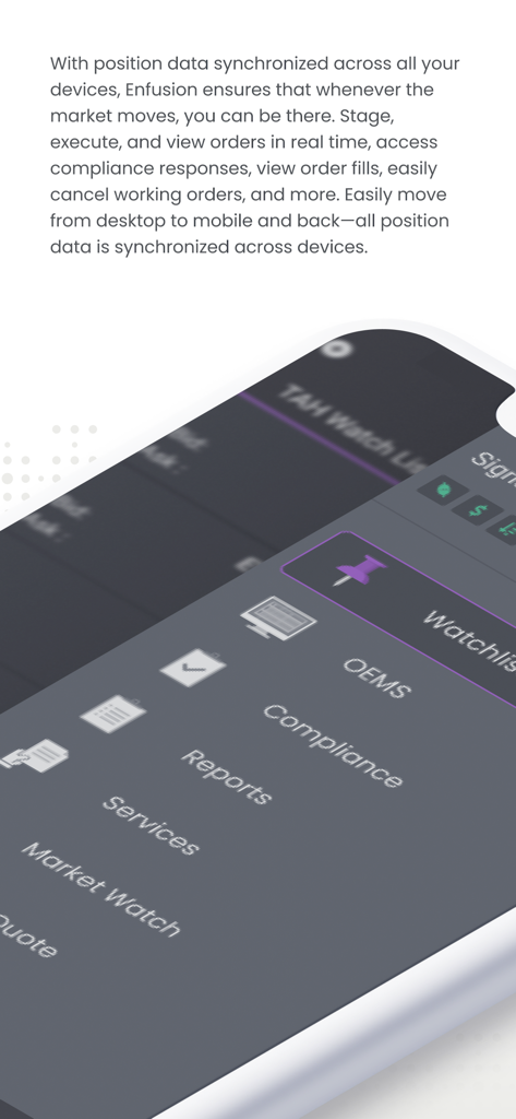 Enfusion Mobile app interface showing a list of investment management tools including compliance, reports, and market watch
