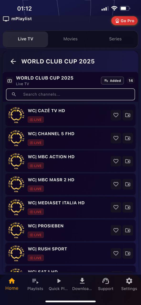 Interfaz de GSE IPTV Player Smarters Pro mostrando una lista de canales deportivos en vivo para el Mundial de Clubes 2025.