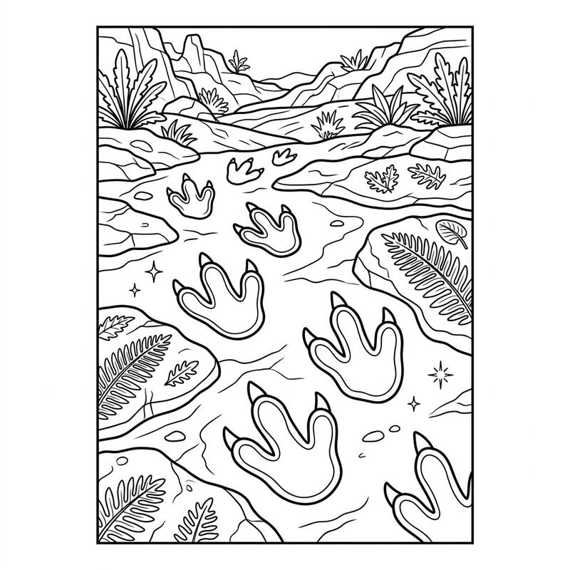 Unearth the thrill of prehistoric discovery with this T-Rex trackways coloring page, perfectly crafted for seniors. Enjoy large, clear lines and engaging details for a relaxing and stimulating coloring experience.