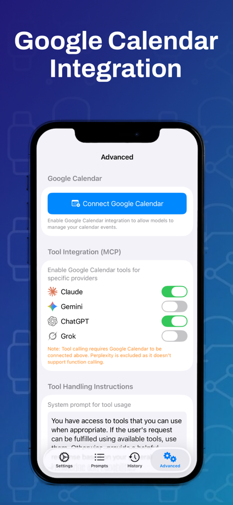 Prompt Watch - Prompt Watch app Advanced settings on iPhone showing Google Calendar integration and AI tool selection for Claude and ChatGPT.