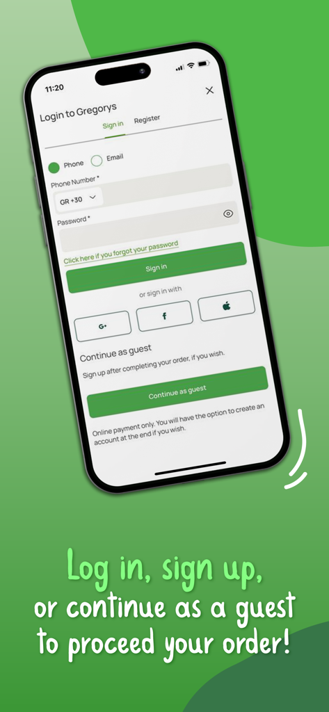 Gregory’s eorder - Login screen for the Gregory’s eorder app showing options to sign in, register, or continue as a guest.