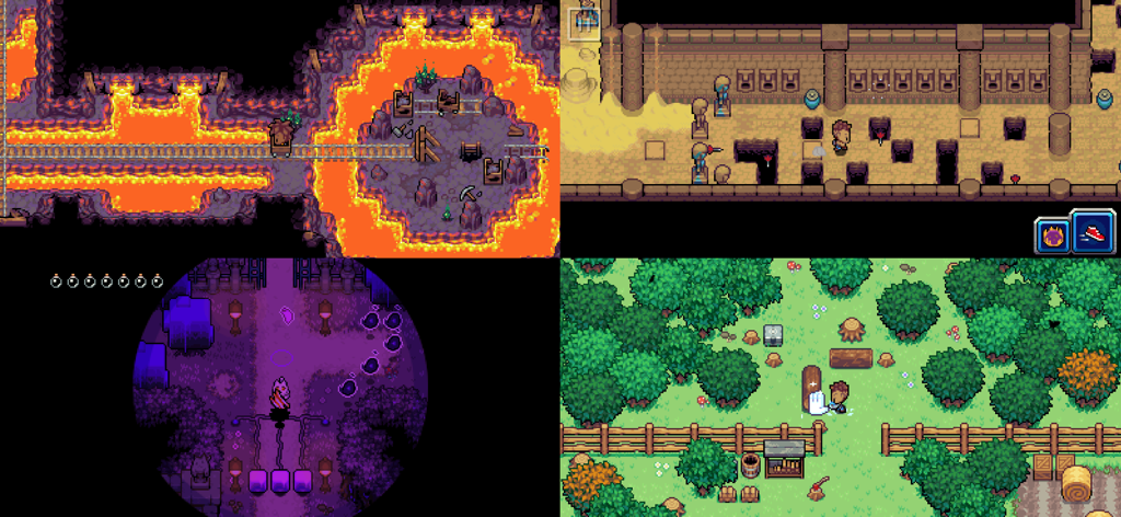 Collage of four gameplay scenes from Coromon featuring different pixel art environments like a lava mine and a forest