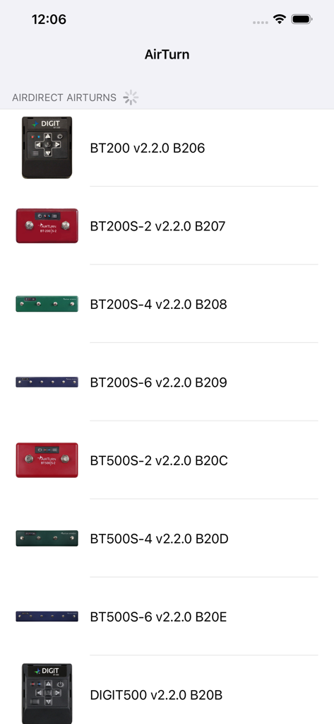 AirTurn Manager - A list of compatible AirTurn Bluetooth hardware devices like the BT200 and BT500 series displayed within the AirTurn Manager app