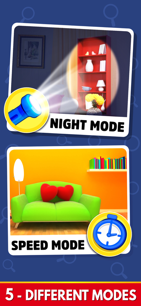 Find The Differences: Spot It - Captura de pantalla del juego Encuentra las Diferencias mostrando el modo nocturno y el modo de velocidad.