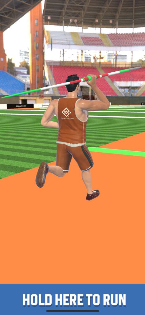Javelin Clash: Spear Master - An athlete in a sports stadium running with a javelin over his shoulder