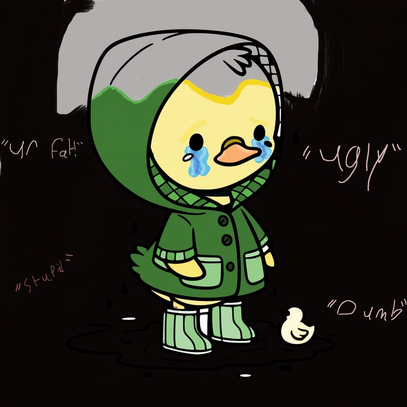 baby duck in a rain coat and boots, in a puddle while it’s raining