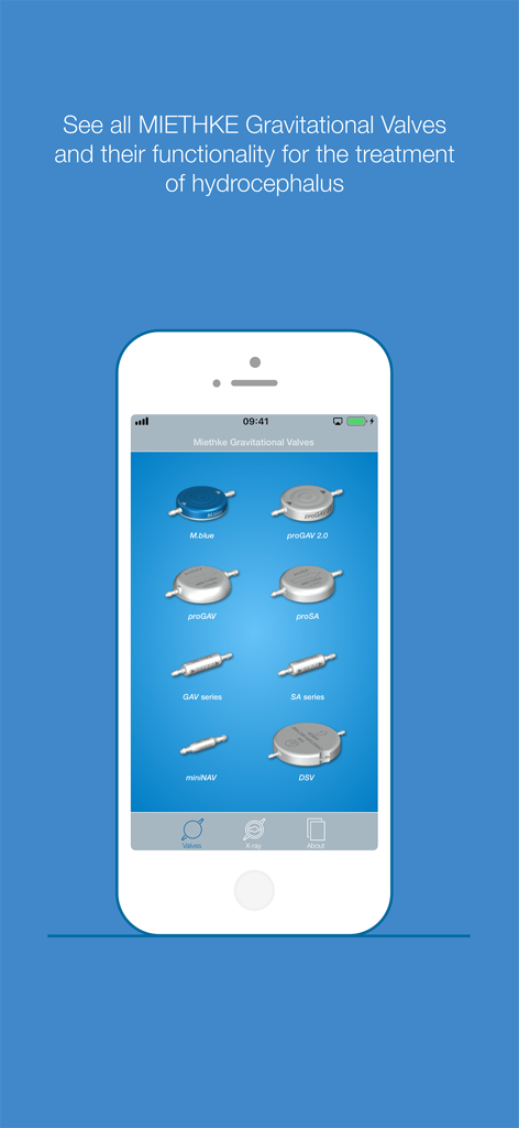 MIETHKE - Screenshot of the MIETHKE mobile app displaying a catalog of different gravitational valves for hydrocephalus treatment