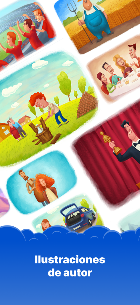 Simpler: English learning app - Une collection d'illustrations de dessins animés colorées montrant divers scénarios de la vie quotidienne utilisés pour l'apprentissage des langues.