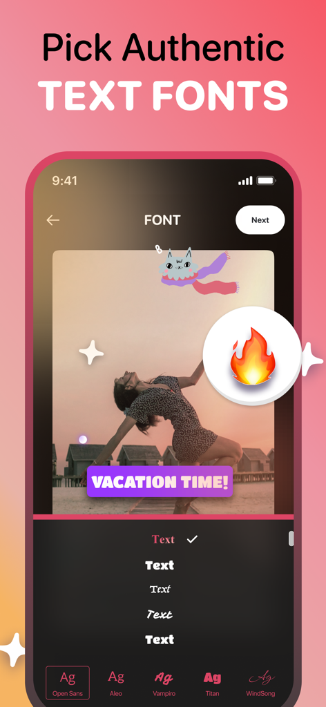 Boomerang - Video Loop Maker - Uma interface móvel para o aplicativo Boomerang mostrando seleção de fontes de texto e sobreposições de adesivos em um vídeo de férias.