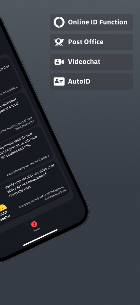 POSTIDENT - Interfaccia dell'app POSTIDENT che mostra opzioni di identificazione tra cui Online ID, Videochat e AutoID.