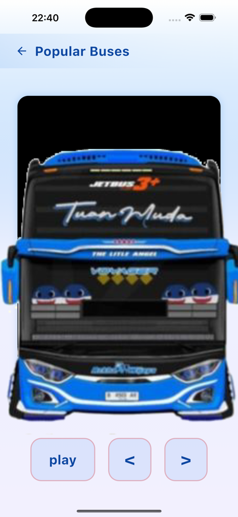 Eine Menüoberfläche, die einen blauen, benutzerdefinierten Bus mit dem Text Tuan Muda und Navigationsschaltflächen für die App Bus Pianika Telolet Basuri zeigt.