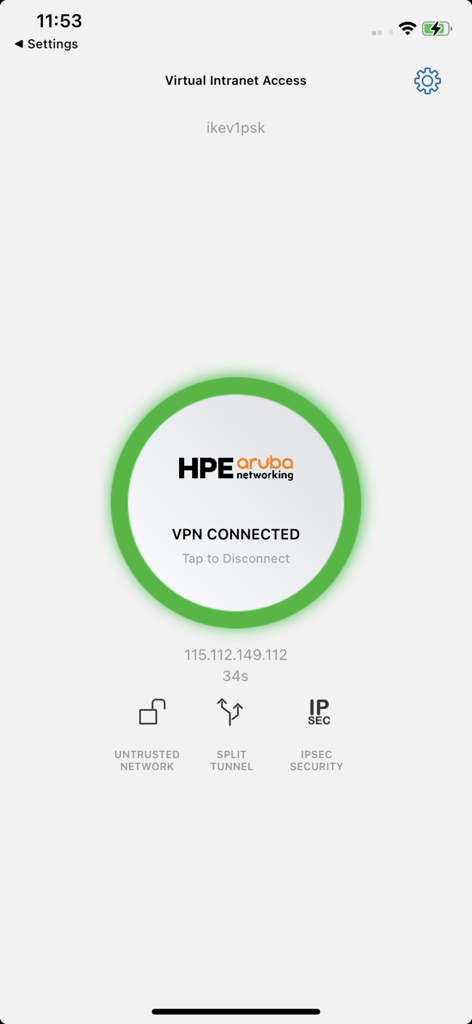 HPE Virtual Intranet Access - Interface of the HPE Virtual Intranet Access app showing a successful VPN connection