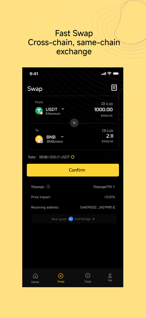 Oberfläche für den schnellen Cross-Chain-Token-Austausch, bei dem USDT gegen BNB in der BSC Wallet App getauscht werden.