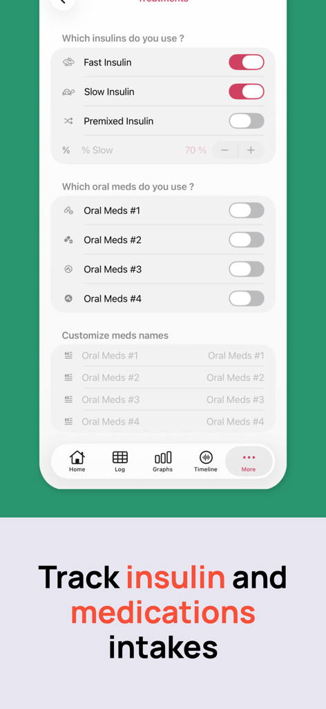 Interfaz para el seguimiento de la ingesta de insulina y medicación oral en la aplicación Diabeto Log