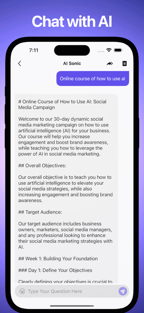 AI Sonic - Chat & Write Bot - Captura de pantalla de la aplicación AI Sonic que muestra una conversación de chat donde la IA genera un esquema de campaña de marketing en redes sociales