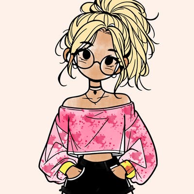 girl with a messy ponytail glasses a baggy crop top and jean shorts