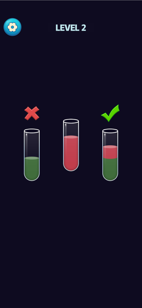 A tutorial screen from SortPuz showing how to pour colored liquids between test tubes
