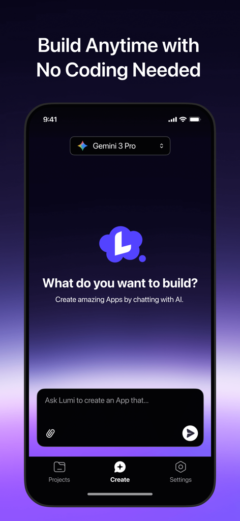 Lumi: vibe coding app - Lumi app screen showing the AI chat interface to build mobile apps without coding.