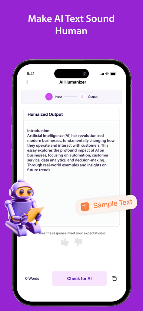 AI Humanizer - MyWordsAi - Smartphone showing the AI Humanizer feature of the MyWordsAi app with a sample of humanized text and a 3D robot character.