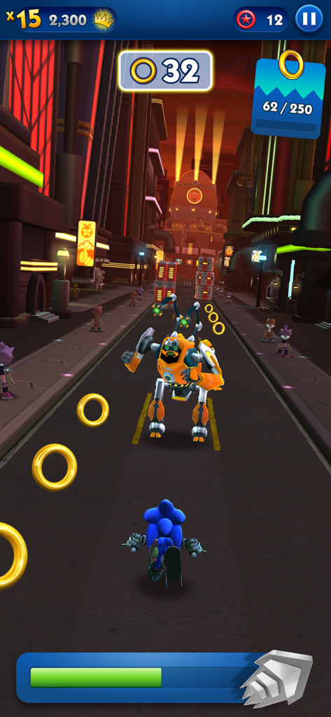 Sonic el Erizo corriendo por un nivel de ciudad futurista mientras recoge anillos dorados