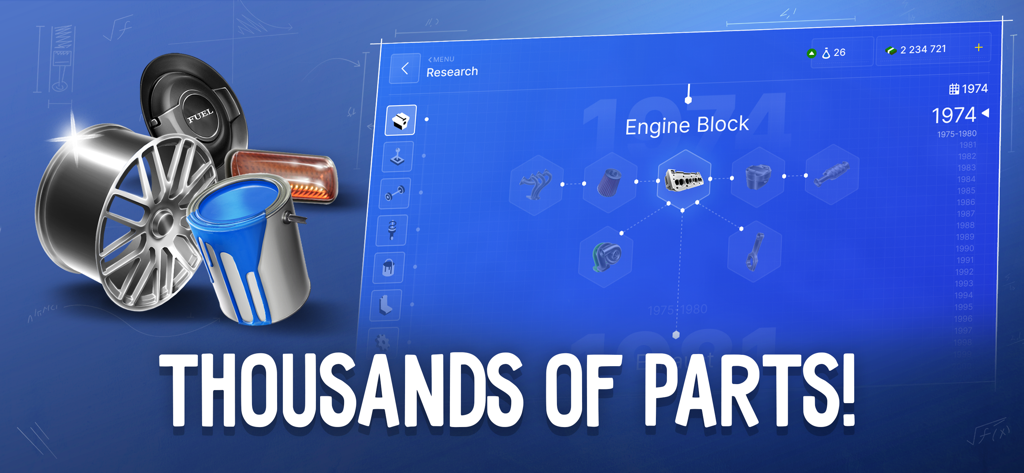 Menú de investigación de motores de Magnate de Empresas de Coches que muestra una variedad de piezas de vehículos personalizables