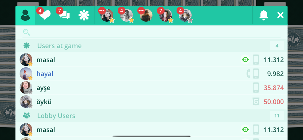 Spades Onlineゲームロビーのアクティブユーザーとスコアのリスト