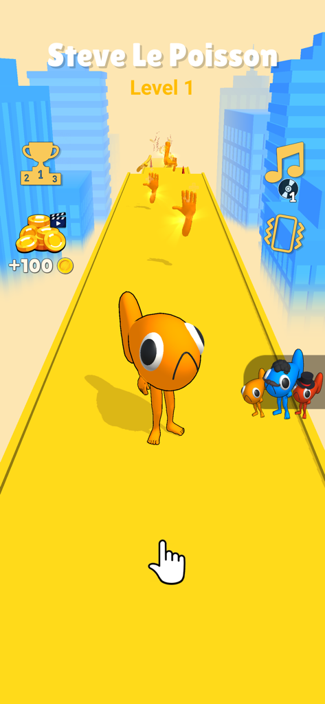 Steve Le Poisson - An orange fish with human legs standing on a yellow track in a city runner game.