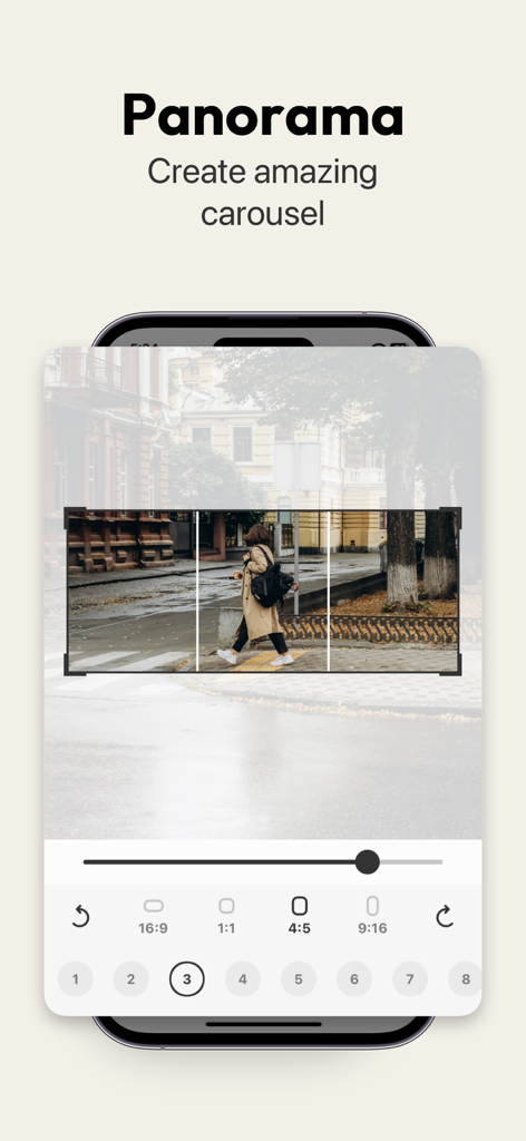 PanoCut: Panorama Scroll Maker - PanoCut app interface showing a wide photo being cropped into three segments for a seamless Instagram panorama carousel