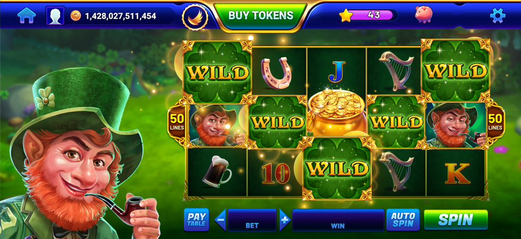 GSN Casino gameplay screenshot featuring an Irish leprechaun themed slot machine with wild symbols