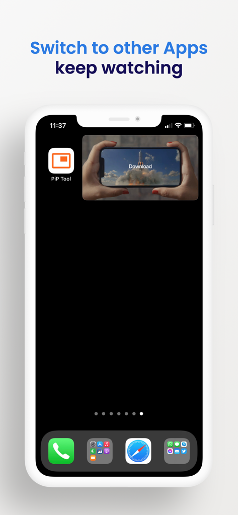 iPhone home screen showing a video playing in a small picture-in-picture window while using other apps.