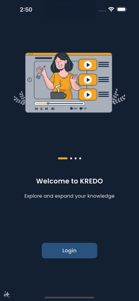 Welcome screen of the KREDO education app featuring a login button and microlearning video graphic