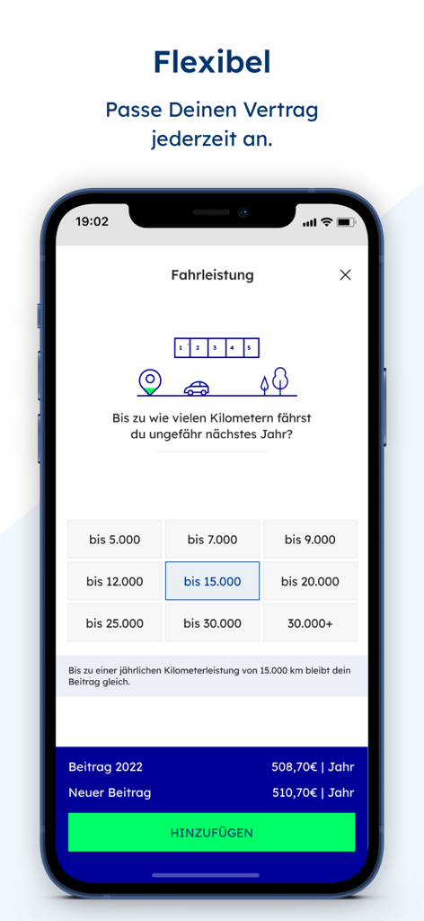 Smartphone screen from the meinCosmosDirekt app allowing users to adjust their annual car insurance mileage