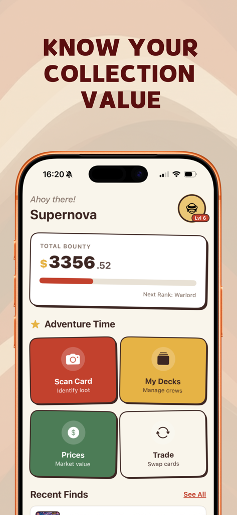 Bounty: OP TCG Scanner - Bounty OP TCG Scanner app interface showing total collection value and main navigation features