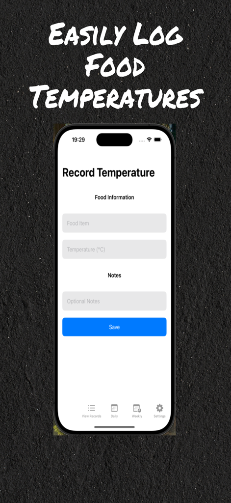 Hygiene Logs app screen for recording food item temperatures and notes.