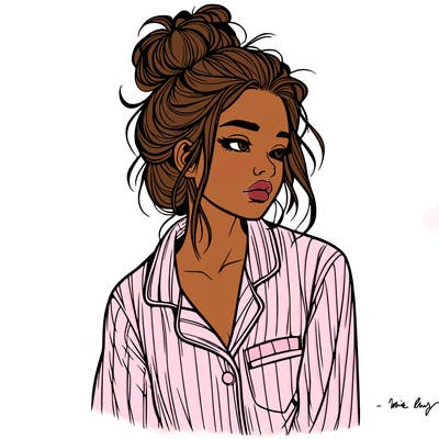 realistic woman with pajamas on and a messy bun