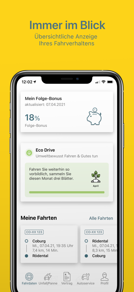 Dashboard dell'app HUK Mein Auto che visualizza la percentuale di bonus di guida e la cronologia dei viaggi recenti