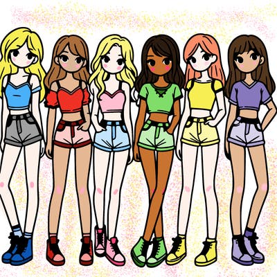 a group of girls wearing crop tops and shorts
