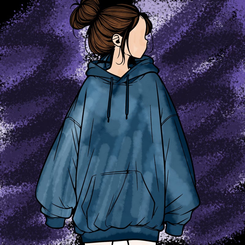 realistic girl with a oversized sweatshirt on and a bun