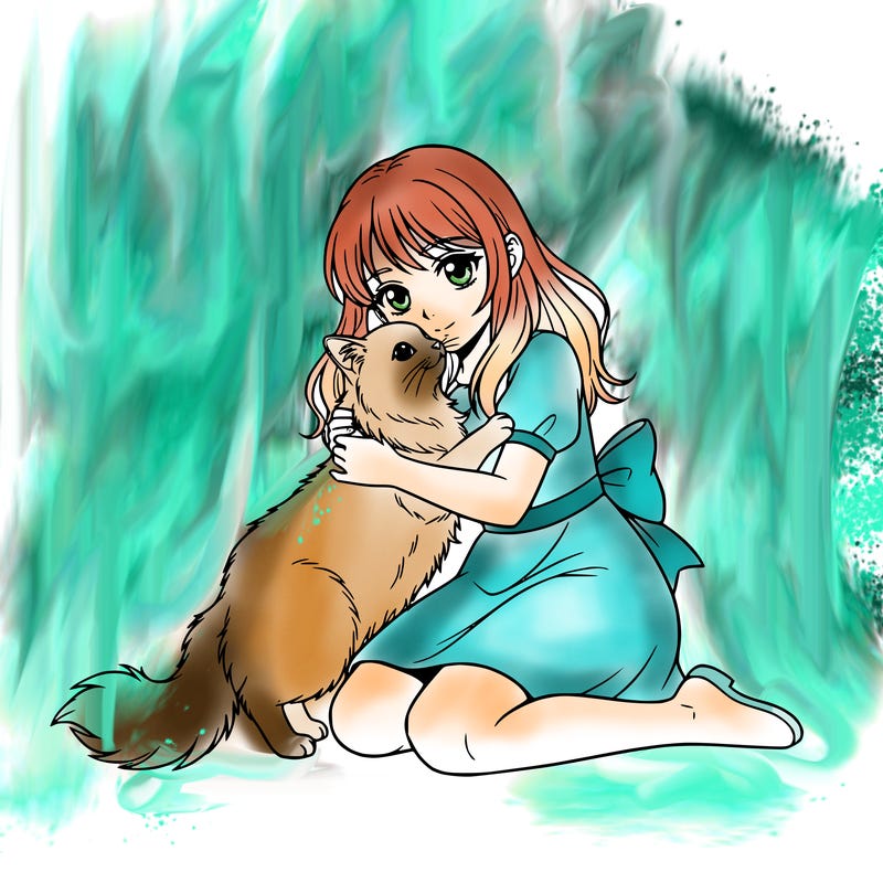 a cute anime girl about 10 years old hugging her cute siamese ragdoll kitty