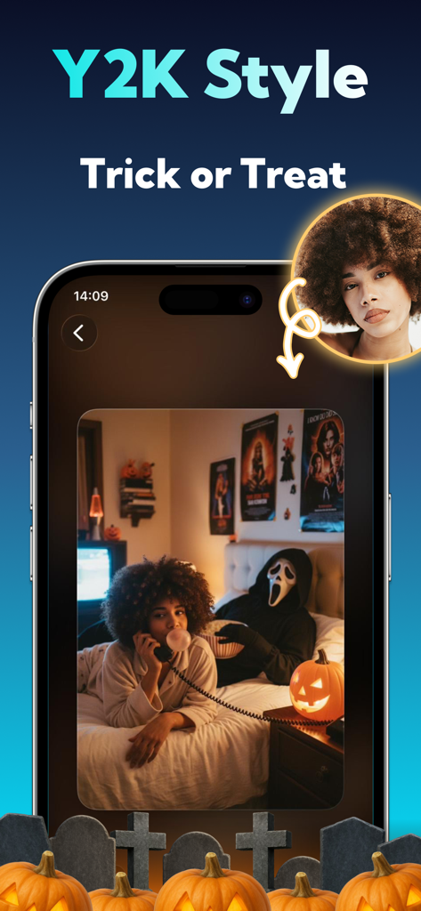 AI Photo Editor: Pixartia - Editor de fotos IA exibindo uma transformação de estilo Halloween Y2K com um motivo de Doces ou Travessuras