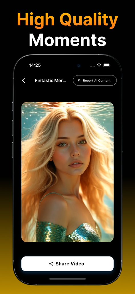 人魚の高品質AI生成動画を表示するVidmAIアプリの画面