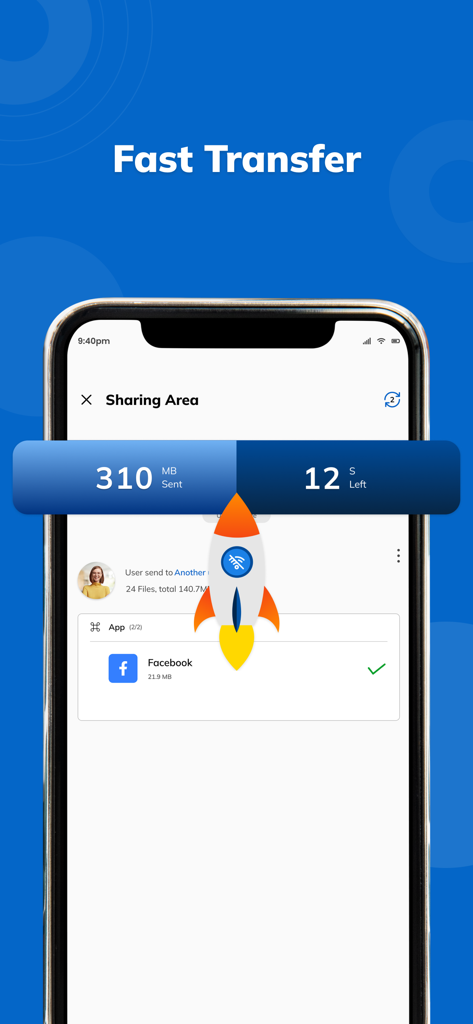 ShareMe - File Share - Interfaz de la aplicación ShareMe mostrando el estado de transferencia de archivos de alta velocidad con un ícono de cohete