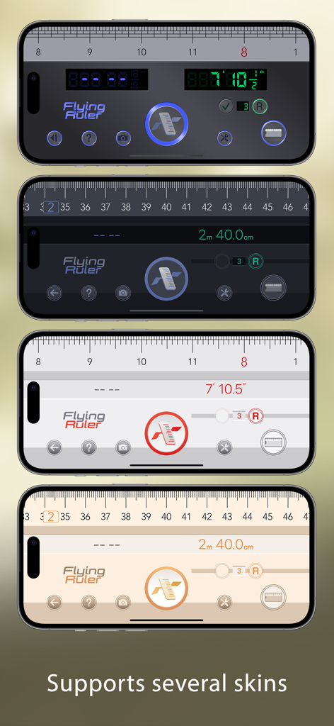 Flying Ruler: 3D Tape Measure - Cuatro iPhones mostrando diferentes apariencias de interfaz para la aplicación de cinta métrica 3D Flying Ruler
