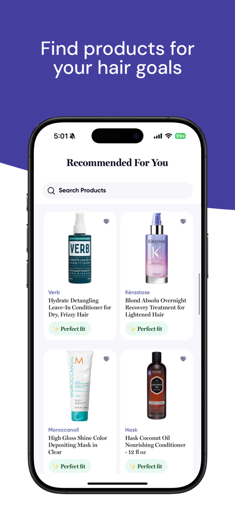 hair2hair - Hair Care Scanner - Una pantalla de aplicación móvil titulada Recomendado para ti que muestra varios productos para el cuidado del cabello como Verb y Kerastase etiquetados como ajuste perfecto.